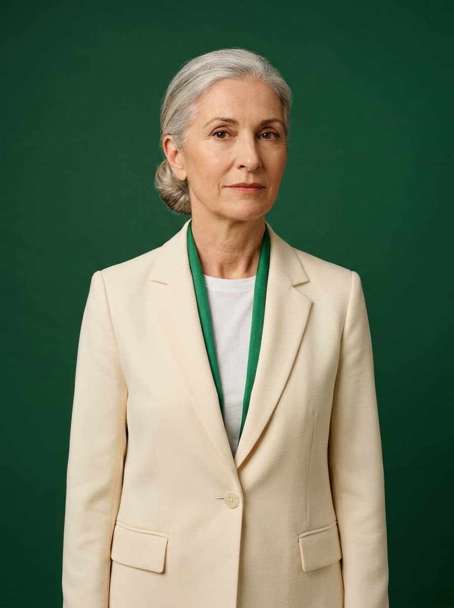 Portrait of Carmela Vella — silver hair in a low bun, cream blazer with a thin emerald scarf, on a deep green backdrop