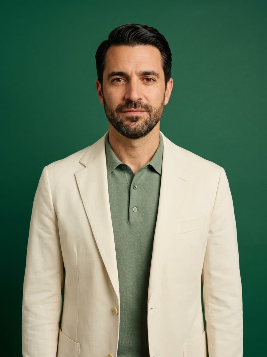Portrait of Emanuel Borg — short beard, cream blazer over a sage knit polo, on a deep green backdrop