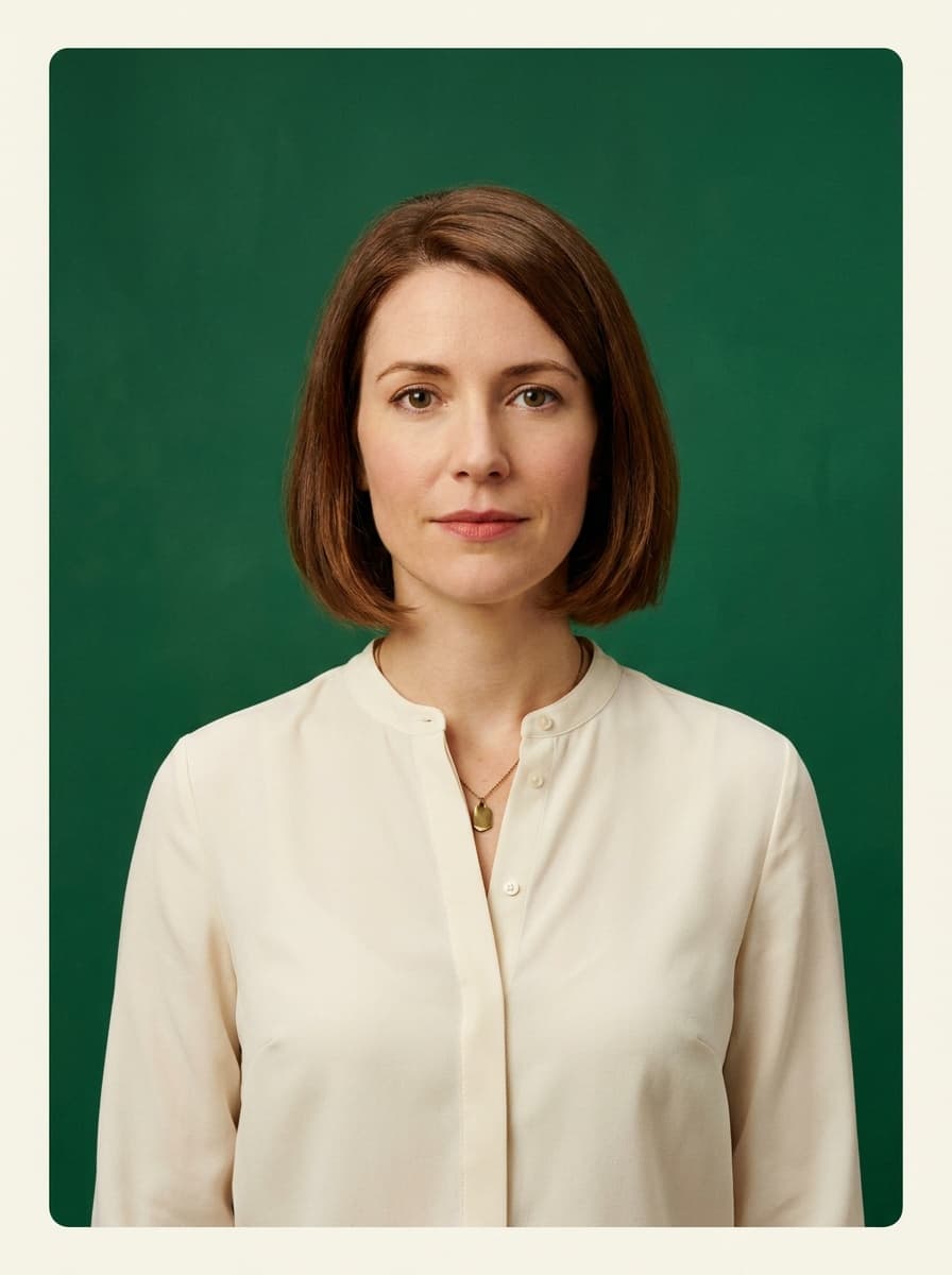 Portrait of Isolde Cachia — chestnut bob, collarless cream shirt with a brass pendant, on a deep green backdrop