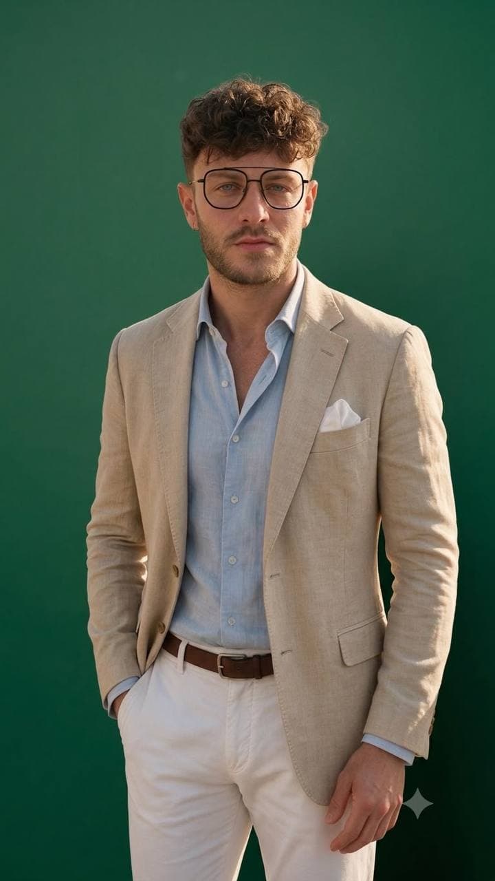 Portrait of Sean Xuereb Conti — curly brown hair, black-framed glasses, beige linen blazer over a light-blue shirt, on a deep green backdrop